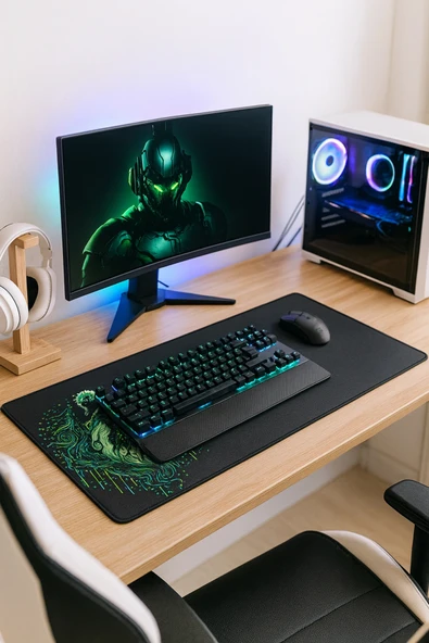 SonicTouch UltraGrand Siyah ve Neon Yeşili Kaplan Dikişsiz Xxl Gaming Oyuncu Masaüstü Klavye Mouse Pad 40x90Cm - Resim 2