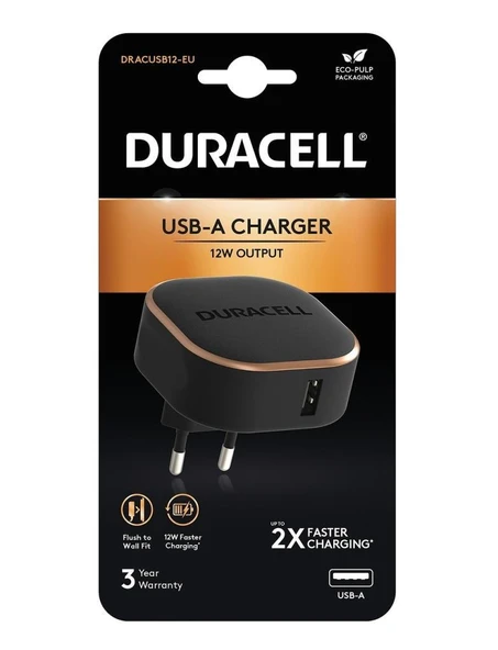 Duracell 12W Telefon / Tablet Şarj Başlığı 1xUSB 5v/2.4A - Siyah