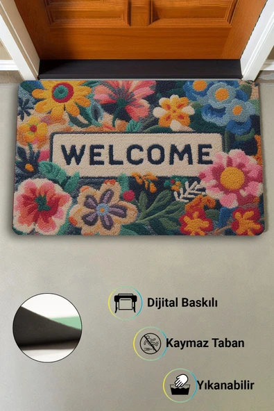 Valerine Life Çiçekli Sarı Papatyalı Dijital Baskılı Welcome Hoş Geldiniz Kapı Önü Paspası 45x70cm - Resim 2