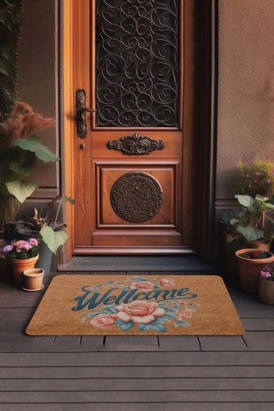 Valerine Life Sarmaşık Pembe Güller Welcome Kapı Önü Paspası 45x70cm - Resim 3