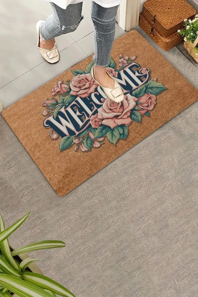 Valerine Life Pudra Rengi Güller Welcome Kapı Önü Paspası 45x70cm ürün görseli