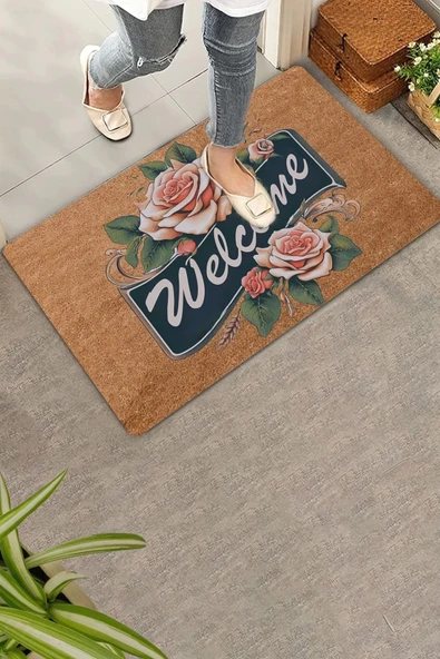 Valerine Life Pembe Gonca Gül Welcome Kapı Önü Paspası 45x70cm ürün görseli