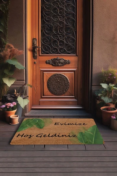 Valerine Life Tropikal Palmiye Yaprağı Evimize Hoş Geldiniz Kapı Önü Paspası 45x70cm - Resim 3