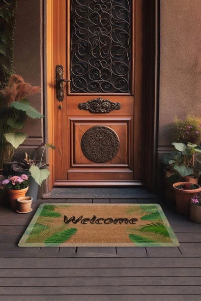 Valerine Life Beyaz Çerçeveli Palmiye Yaprakları Welcome Kapı Önü Paspası 45x70cm - Resim 3