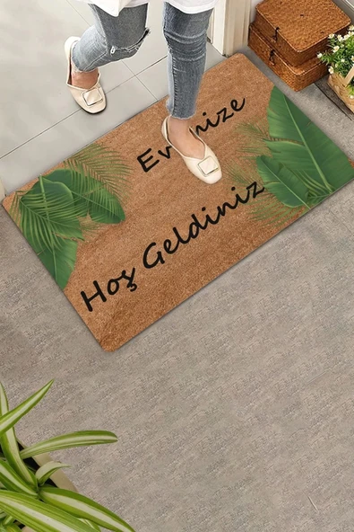Valerine Life Tropikal Palmiye Yaprağı Evimize Hoş Geldiniz Kapı Önü Paspası 45x70cm - Resim 5