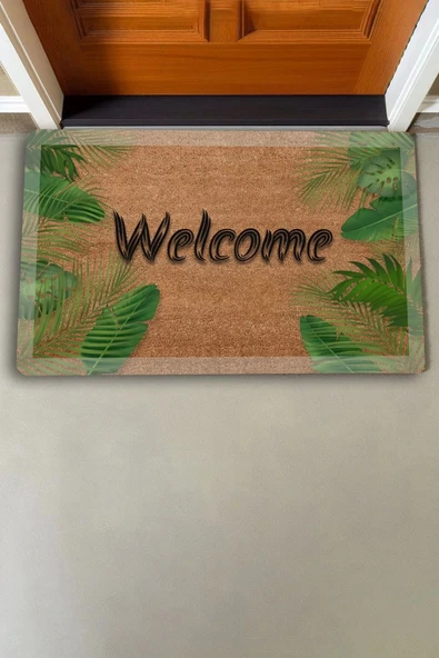 Valerine Life Beyaz Çerçeveli Palmiye Yaprakları Welcome Kapı Önü Paspası 45x70cm - Resim 2