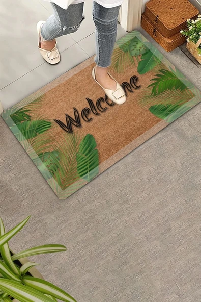 Valerine Life Beyaz Çerçeveli Palmiye Yaprakları Welcome Kapı Önü Paspası 45x70cm ürün görseli