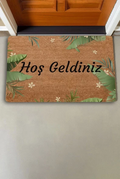 Valerine Life Tropikal Yaprağı ve Beyaz Hatmi Çiçeği Hoş Geldiniz Kapı Önü Paspası 45x70cm - Resim 5