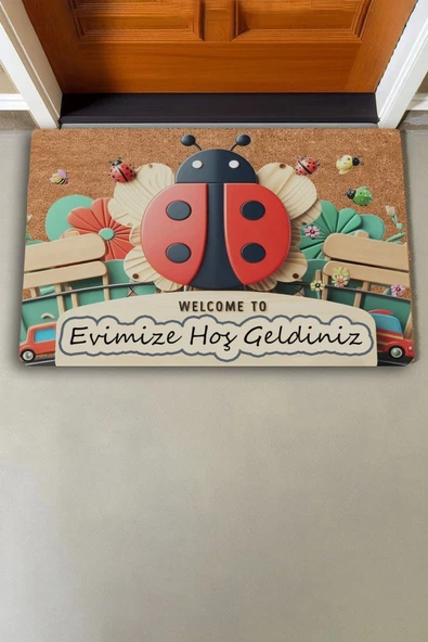 Valerine Life Uğur Böceği ve Kırmızı Vosvos Evimize Hoş Geldiniz Kapı Önü Paspası 45x70cm - Resim 2