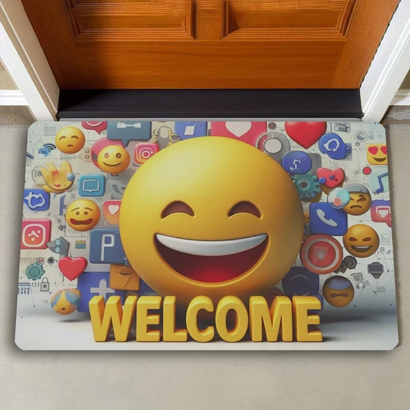 Valerine Life Gülen Surat Emoji Welcome Kapı Önü Paspası 45x70cm - 2