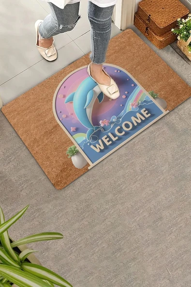 Valerine Life Akvaryum Yunus Temalı Mavi Welcome Kapı Önü Paspası 45x70cm - Resim 5