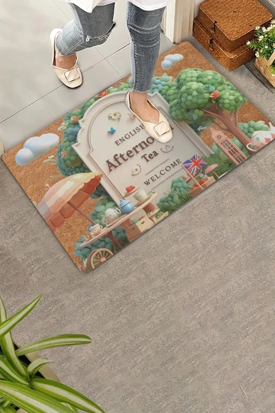 Valerine Life İngiliz Beş Çayı Temalı Welcome Kapı Önü Paspası 45x70cm ürün görseli