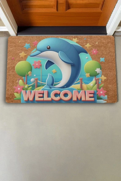 Valerine Life Sevimli Yunus Balığı ve Yıldızlı Welcome Kapı Önü Paspası 45x70cm - Resim 2