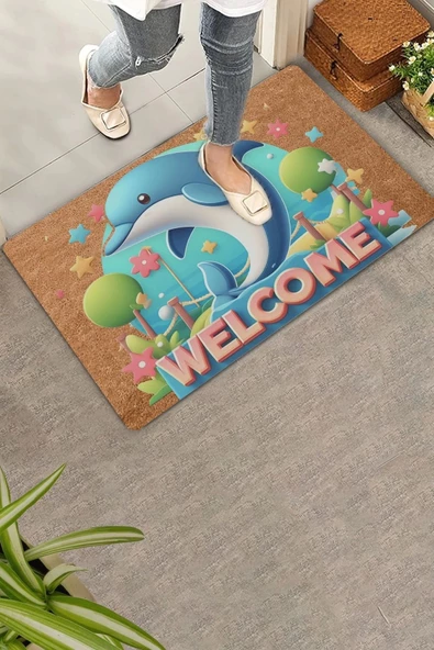 Valerine Life Sevimli Yunus Balığı ve Yıldızlı Welcome Kapı Önü Paspası 45x70cm ürün görseli