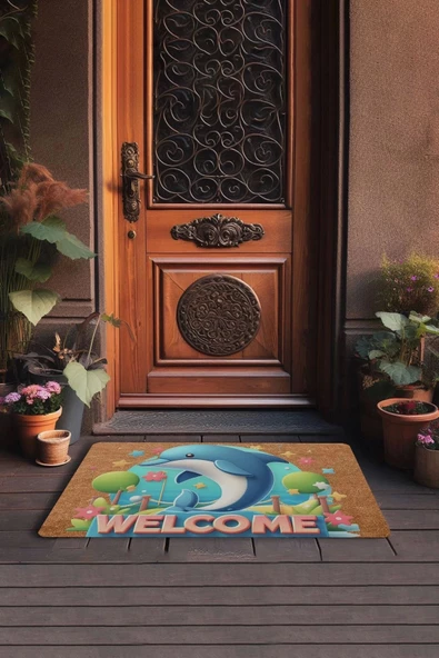 Valerine Life Sevimli Yunus Balığı ve Yıldızlı Welcome Kapı Önü Paspası 45x70cm - Resim 3