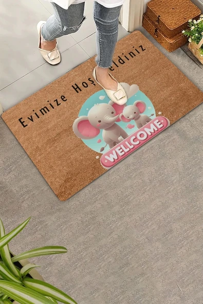 Valerine Life Sevimli Pembe Yavru Filler Evimize Hoş Geldiniz Kapı Önü Paspası 45x70cm - 5