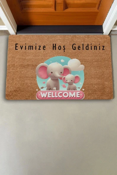 Valerine Life Sevimli Pembe Yavru Filler Evimize Hoş Geldiniz Kapı Önü Paspası 45x70cm - 2