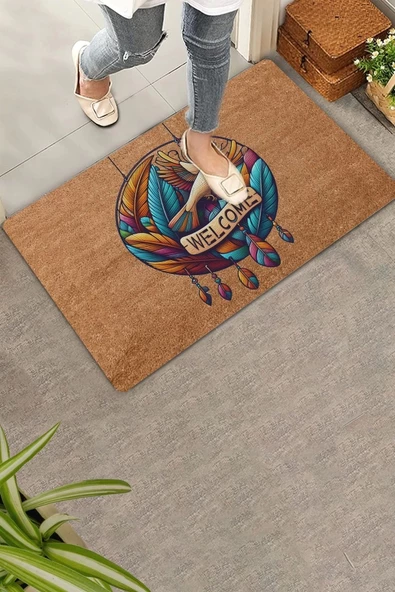 Valerine Life Tüy ve Kuş Çemberi Oyma Yazılı Welcome Kapı Önü Paspası 45x70cm - 5