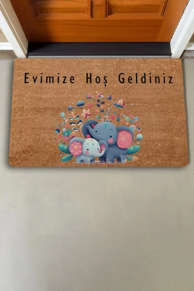 Valerine Life Sevimli Yavru Filler ve Çiçekler Evimize Hoş Geldiniz Kapı Önü Paspası 45x70cm - 2