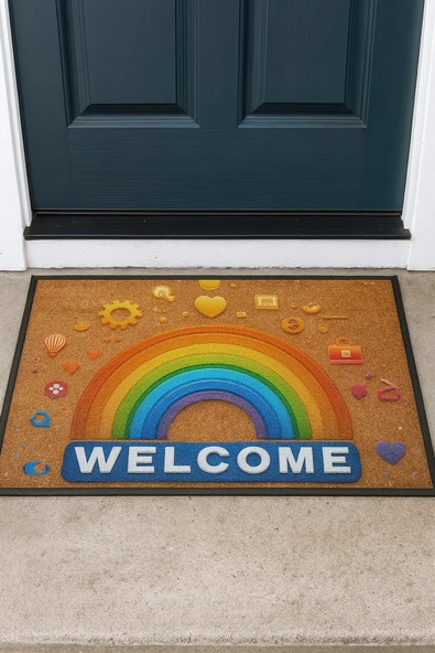 Valerine Life Emojili Gökkuşağı Kaymaz Tabanlı Hoş Geldiniz Welcome Kapı Önü Paspası 45x70cm - Resim 2