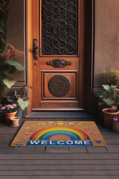 Valerine Life Emojili Gökkuşağı Welcome Kapı Önü Paspası 45x70cm - 7