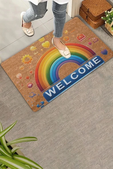 Valerine Life Emojili Gökkuşağı Welcome Kapı Önü Paspası 45x70cm - 5