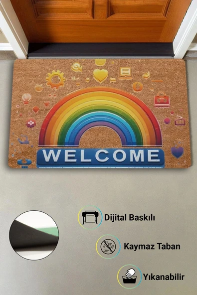 Valerine Life Emojili Gökkuşağı Kaymaz Tabanlı Hoş Geldiniz Welcome Kapı Önü Paspası 45x70cm - Resim 3