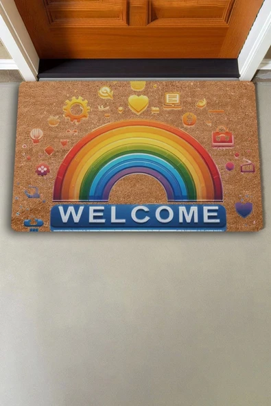 Valerine Life Emojili Gökkuşağı Welcome Kapı Önü Paspası 45x70cm - 2