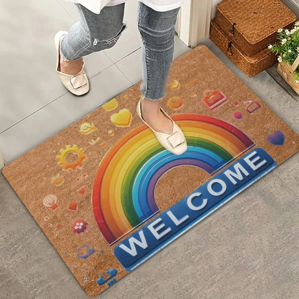 Valerine Life Emojili Gökkuşağı Welcome Kapı Önü Paspası 45x70cm