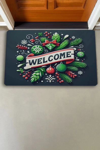 Valerine Life Noel Yılbaşı Topları ve Yeşil Yapraklar Welcome Kapı Önü Paspası 45x70cm - Resim 2