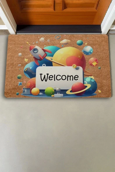 Valerine Life Gezegen ve Roket Temalı Welcome Kapı Önü Paspası 45x70cm - Resim 2