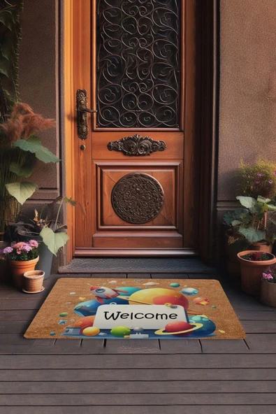 Valerine Life Gezegen ve Roket Temalı Welcome Kapı Önü Paspası 45x70cm - Resim 3