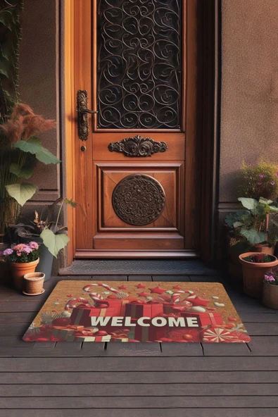 Valerine Life Yılbaşı Şemsiye Şekeri ve Hediyeler Welcome Kapı Önü Paspası 45x70cm - Resim 3