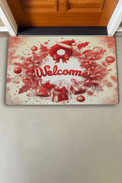 Valerine Life Kırmızı Noel Kapı Süsü Temalı Welcome Kapı Önü Paspası 45x70cm - Resim 2