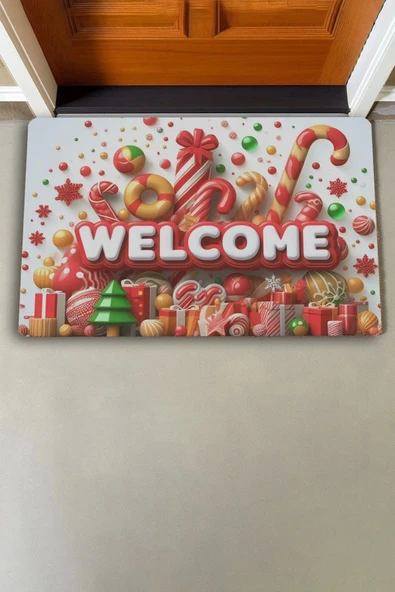 Valerine Life Yılbaşı Baston ve Yuvarlak Şekerler Welcome Kapı Önü Paspası 45x70cm - Resim 2