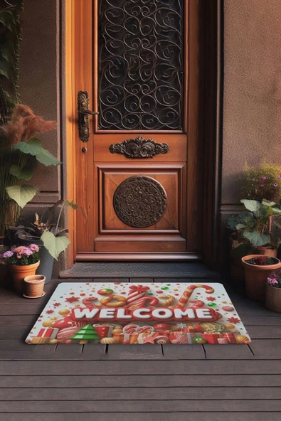 Valerine Life Yılbaşı Baston ve Yuvarlak Şekerler Welcome Kapı Önü Paspası 45x70cm - Resim 3