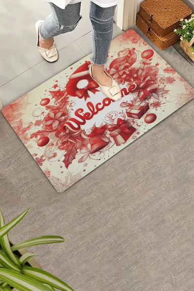 Valerine Life Kırmızı Noel Kapı Süsü Temalı Welcome Kapı Önü Paspası 45x70cm ürün görseli