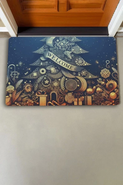 Valerine Life Yılbaşı Noel Çam Ağacı ve Hediyeler Welcome Kapı Önü Paspası 45x70cm - 2