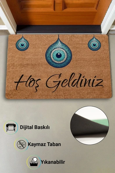 Valerine Life Bize Nazar Değmesin Üçlü Nazar Boncuğu Hoş Geldiniz Welcome Kapı Önü Paspası 45x70cm - Resim 3