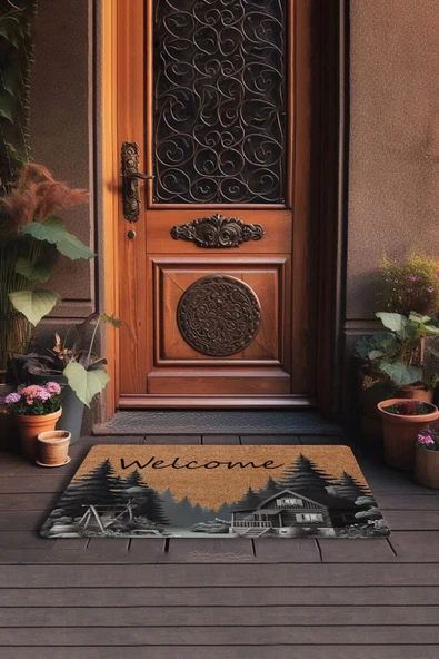 Valerine Life Orman Evi Temalı Çam Ağaçlı Welcome Kapı Önü Paspası 45x70cm - Resim 3