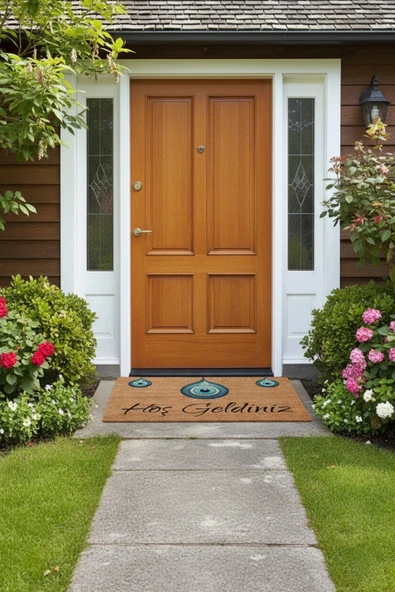 Valerine Life Bize Nazar Değmesin Üçlü Nazar Boncuğu Hoş Geldiniz Welcome Kapı Önü Paspası 45x70cm - Resim 2