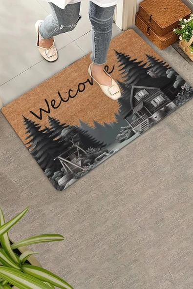 Valerine Life Orman Evi Temalı Çam Ağaçlı Welcome Kapı Önü Paspası 45x70cm ürün görseli