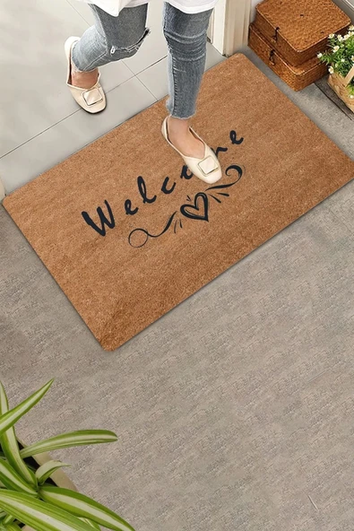 Valerine Life Kara Kalem Kalp Welcome Kapı Önü Paspası 45x70cm ürün görseli