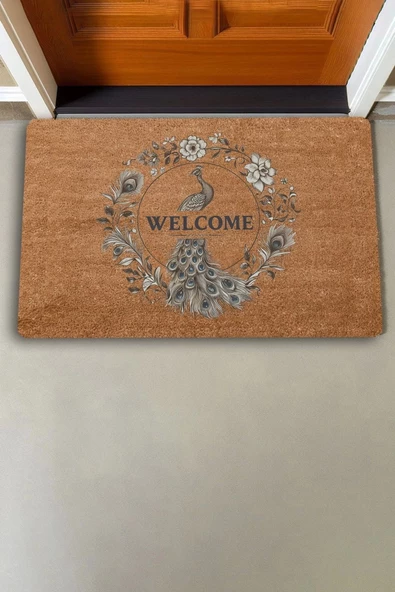 Valerine Life Tavus Kuşu ve Tüyleri Welcome Kapı Önü Paspası 45x70cm - Resim 2