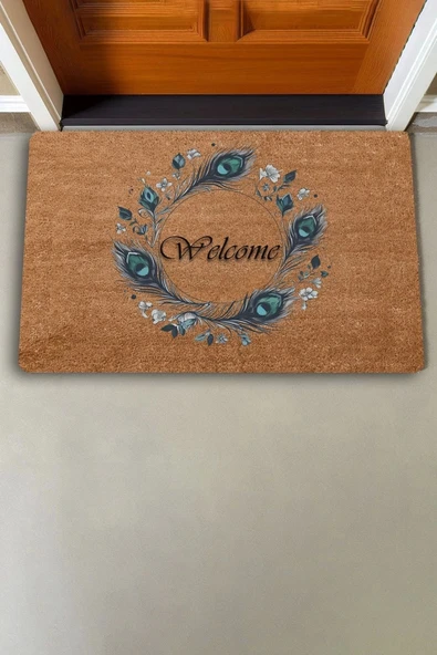 Valerine Life Göz Değmesin Tavus Kuşu Tüyü Welcome Kapı Önü Paspası 45x70cm - Resim 6