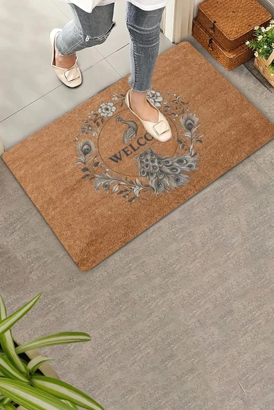 Valerine Life Tavus Kuşu ve Tüyleri Welcome Kapı Önü Paspası 45x70cm ürün görseli