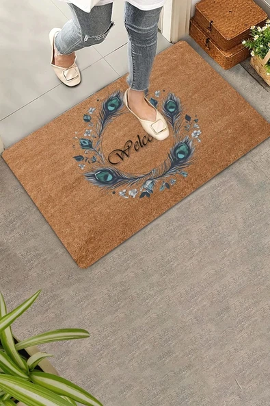 Valerine Life Göz Değmesin Tavus Kuşu Tüyü Welcome Kapı Önü Paspası 45x70cm - Resim 5