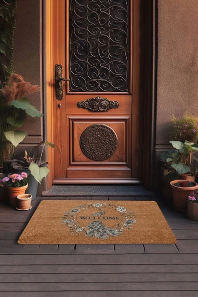 Valerine Life Tavus Kuşu ve Tüyleri Welcome Kapı Önü Paspası 45x70cm - Resim 3
