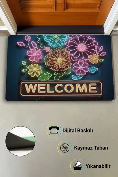 Valerine Life Neon Papatya Çiçekleri Kaymaz Tabanlı Hoş Geldiniz Welcome Kapı Önü Paspası 45x70cm - Resim 3