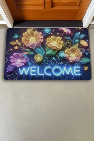 Valerine Life Neon Nilüfer Çiçekleri Welcome Kapı Önü Paspası 45x70cm - Resim 2